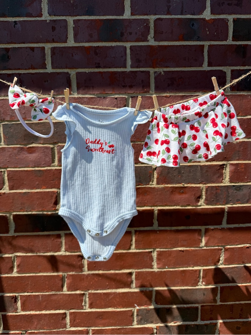 Baby Essentials Light Blue Ribbed Onesie with Cherry Skirt & Headband